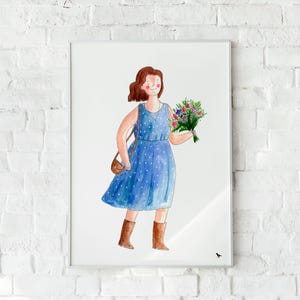 Aquarell-Poster Frau im blauen Kleid mit Blumenstrauß - Ländliche Illustration, weich, poetisch, gemütlich - Kunstdruck - Wandkunst-Dekor