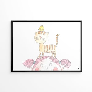 Funny girl with a kitten and a bird - Fine art print, handmade watercolor illustration - Children's room decor poster