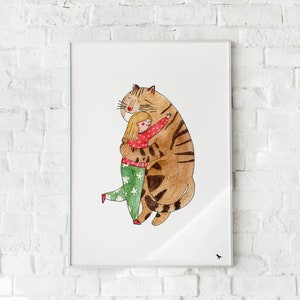 Una linda niña y un gato gigante se abrazan: impresión artística, ilustración de amor en acuarela