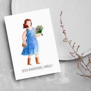 Carte postale aquarelle A6 - Femme avec bouquet de fleurs – Cadeau personnalisable - Illustration fait main à offrir