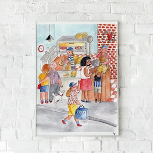 Cosy pizzeria avec les personnages - Impression fine art, illustration aquarelle - Affiche déco pizzeria - Art mural pour resto