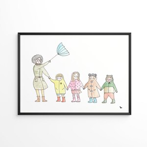 Paseo en la guardería bajo la lluvia - Ilustración en acuarela hecha a mano - Impresión artística - Póster decorativo de estilo naif
