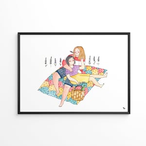 Loving Couple of Girls in Lavender - Simple Watercolor Drawing - Fine Art Print - Gift for Lovers - Wall Art
