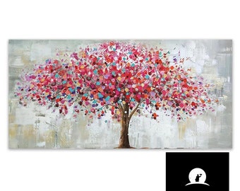 Peinture à l'huile d'arbre en fleurs - Oeuvres d'art florales fabriquées à la main - Décoration inspirée de la nature - Fleurs printanières vibrantes - Prêt à accrocher - Original Unique