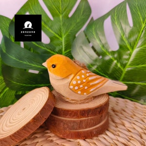 Handcrafted Yellow Wooden Bird Art - Unique Miniature Sculpture - Perfect Home Decor - Detailed Bird Figurine - Collectible Handmade Accent
