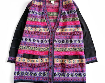 Vintage Quadro, Wool Blend Italian Cardigan / Floral Fair Isles Pattern