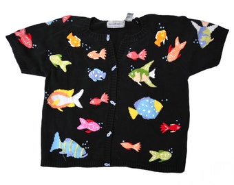 pull vintage Belle Pointe en maille à motif poisson