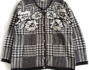 Vintage TanJay, Floral Houndstooth Cardigan / 1990's Style Sweater