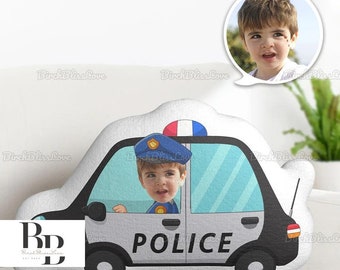 Oreiller photo personnalisé pour voiture de police, Oreiller 3D pour voiture d'équitation, Cadeau pour enfant, Cadeau pour fils, Cadeau d'anniversaire, Oreiller facial personnalisé