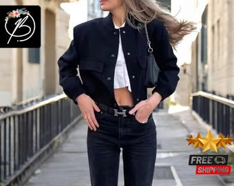 Bomber Cropped Jacket for Women | Button Down Coat | Long Sleeve with Double Pockets | O-Neck Layering Piece | Casual Streetwear Outfit
