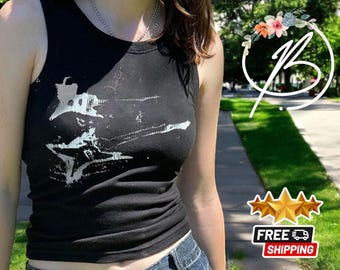 Y2K Graphic Tank Top | Punk Grunge Crop Tee | Guitar Print Soft Shirt | Women&#39;s Casual Street Outfits | Streetwear Style Fashion
