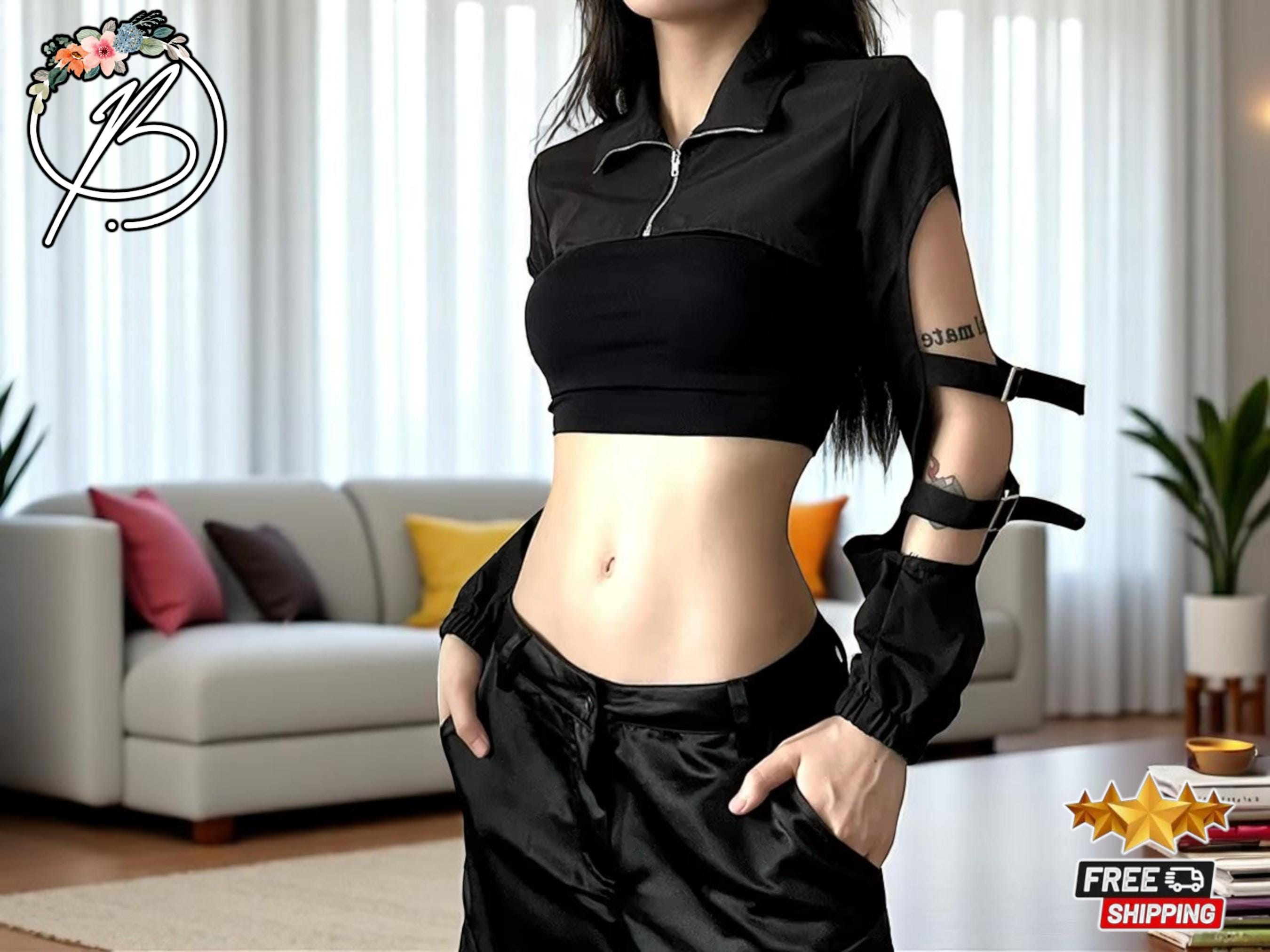 Short Cropped Cargo Jackets | Zip-Up Turtleneck Streetwear Tops | Flared Long-Sleeved Cyberpunk Outfit | Edgy Fashion for Women