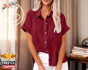 Oversized Vintage Shirt | Women Loose Blouses | Short-Sleeved Button-Up Top | Fashionable Split Collar Outwear | Casual Summer Wear