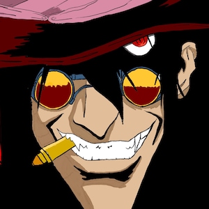 Peut inclure: Une illustration de dessin animé d'un vampire avec des cheveux noirs, portant un chapeau à larges bords, des lunettes de soleil et un sourire sinistre. Il tient une cigarette dans sa bouche.