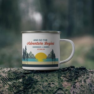 The Adventure Begins Enamel Mug, Personalized Camping Mug, Nature Lover Mug, Newly Weds Gift, Camp Life Mug, Gift Idea for Camp Lovers