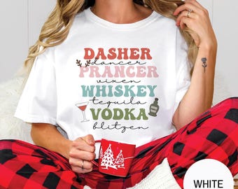 Funny Christmas Drinking Shirt, Santa Reindeer Whiskey Vodka Tequila Graphic Tee, Holiday Party Alcohol Shirt, Adult Xmas Cocktail Top
