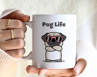 Taza de café con diseño de Pug Life, perro de dibujos animados con gafas de sol