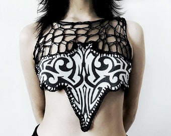 Crochet mesh gothic top. Upcycled crop top with tribal element