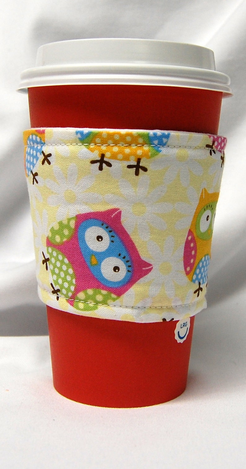 Coffee Cozy/Cup Sleeve, Eco Friendly, Slip-on, Teacher Appreciation, Co-Worker Gift, Buy any 4 get 1 free: Owls on White image 1