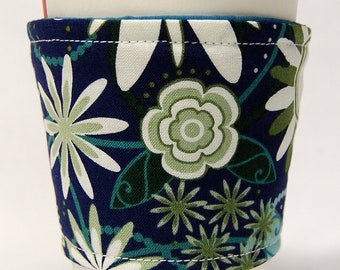 Coffee Cozy/Cup Sleeve Eco Friendly Slip-on, Teacher Appreciation, Co-Worker Gift, Buy any 4 get 1 free: Green and Cream Flowers on Blue