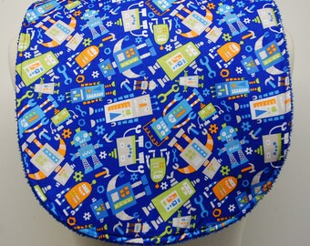 Youth/Junior Boy Bib, Special Needs, Cerebral Palsy, 14-in/35cm neck: Robots and Tools on Blue