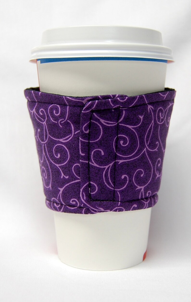 Coffee Cozy/Cup Sleeve Eco Friendly Slip-on, Teacher Appreciation, Co-Worker Gift, Buy any 4 get 1 free: Purple Vines image 2