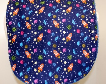 Youth/Junior Boy Bib, Special Needs, Cerebral Palsy, Epilepsy, Retts Syndrome, Drooling, 14-inch neck opening:Planets/ Rockets on Blue