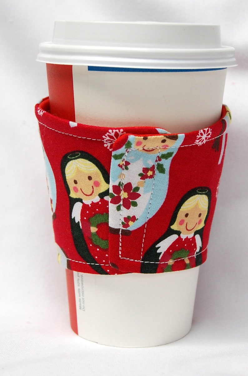 Coffee Cozy, Cup Sleeve, Co-worker Gift, Teacher Gift, Eco Friendly Slip-on, Buy any 4 get 1 free : Xmas Russian/Matryoshka Dolls on Red image 2