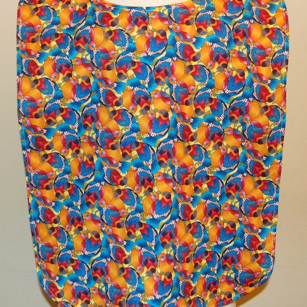 Adult Rib Bib/Clothing Protector/Crumb Catcher Make-up Bib, Long Length: Colorful Birds on Gold - Ready to Ship