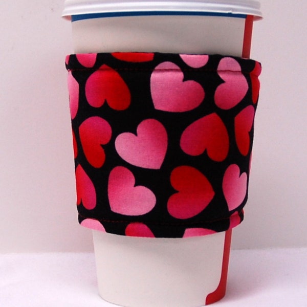 Valentine's Day-Coffee Cozy/Cup Sleeve Eco Friendly Slip-on, Teacher Gift , Co-Worker Gift, Buy any 4 get 1 free: Red, Pink Hearts on Black