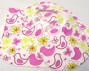 Baby Girl Bib and Burp Cloth, Baby Shower Gift, Welcome Baby Gift, New Mom Gift: Fuchsia Birds and Yellow Flowers on White