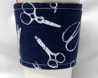 Coffee Cozy/Cup Sleeve, Slip-on, Teacher Appreciation, Co-Worker Gift, Hair Stylist Gift, Buy any 4 get 1 free: Scissors on Blue