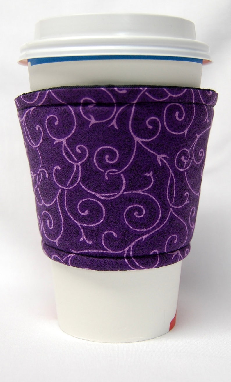 Coffee Cozy/Cup Sleeve Eco Friendly Slip-on, Teacher Appreciation, Co-Worker Gift, Buy any 4 get 1 free: Purple Vines image 1