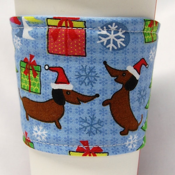 Christmas-Coffee Cozy/Cup Sleeve Eco Friendly Slip-on, Teacher gift, Co-Worker, Buy any 5 get 1 free: Xmas Doxy, Dachshund, Presents, Trees