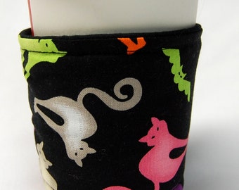 Coffee Cozy/Cup Sleeve Eco Friendly Slip-on, Teacher Appreciation, Co-Worker Gift, Buy any 4 get 1 free:  Colorful Halloween Cats and Bats