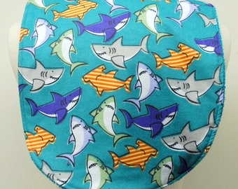 Youth/Junior Bib, Boy Special Needs, Cerebral Palsy, Epilepsy, Seizures, Drooling, Adaptive Clothing 14-inch Neck Opening:  Flannel Sharks