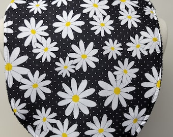 Youth/Junior Girl Bib, Special Needs, Cerebral Palsy, Epilepsy, Retts Syndrome, Drooling, 14-inch neck opening: White Daisies on Black