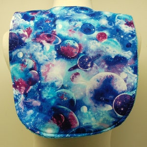Youth/Junior Bib, Special Needs, Cerebral Palsy, Epilepsy, Seizures, Drooling, Adaptive Clothing 14-inch Neck Opening: Blue Purple Planets
