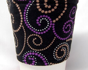 Coffee Cozy/Cup Sleeve Eco Friendly Slip-on, Teacher Appreciation, Co-Worker Gift, Bulk Discount:  Purple, Tan/White Dotted Swirls on Black