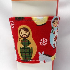 Coffee Cozy, Cup Sleeve, Co-worker Gift, Teacher Gift, Eco Friendly Slip-on, Buy any 4 get 1 free : Xmas Russian/Matryoshka Dolls on Red image 3
