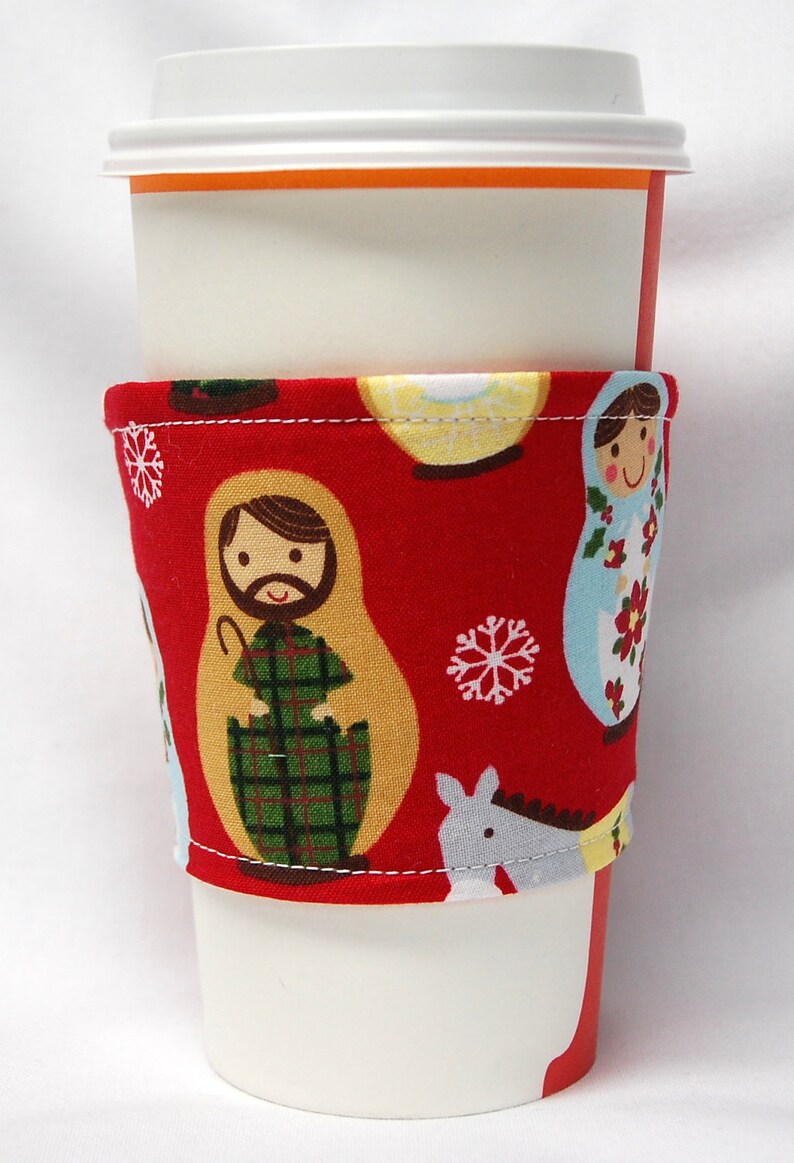 Coffee Cozy, Cup Sleeve, Co-worker Gift, Teacher Gift, Eco Friendly Slip-on, Buy any 4 get 1 free : Xmas Russian/Matryoshka Dolls on Red image 3