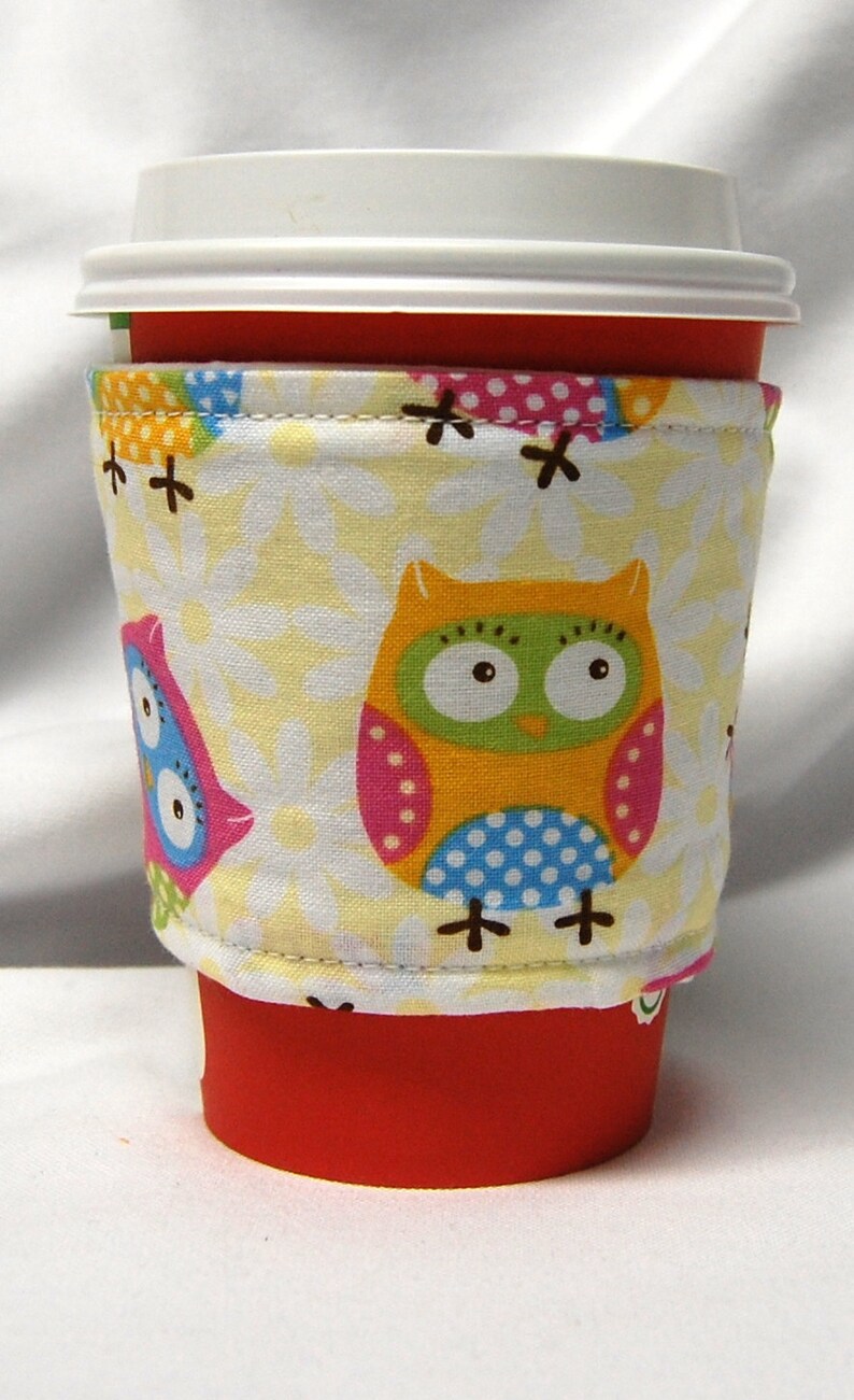 Coffee Cozy/Cup Sleeve, Eco Friendly, Slip-on, Teacher Appreciation, Co-Worker Gift, Buy any 4 get 1 free: Owls on White image 4