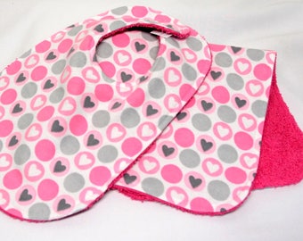 Baby Girl Bib and Burp Cloth Set, Baby Shower Gift, Welcome Baby Gift, New Baby Gift: Hearts and Polka Dots in Pink and Gray