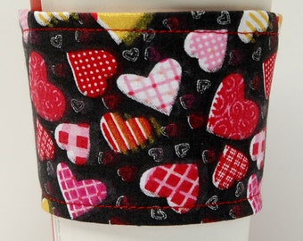 Buy 4 get 1 free Coffee Cozy/Cup Sleeve Eco Friendly Slip-on, Teacher Appreciation, Co-Worker Gift:  Valentine's Day Multi-colored Hearts