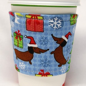 Christmas-Coffee Cozy/Cup Sleeve Eco Friendly Slip-on, Teacher Appreciation, Co-Worker, Bulk Discount: Xmas Doxy, Dachshund, Presents, Trees image 4