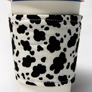 Coffee Cozy/Cup Sleeve Eco Friendly Slip-on, Teacher Appreciation, Co-Worker Gift, Buy any 5 get 1 free: Mini Cowhide  Print in Cotton