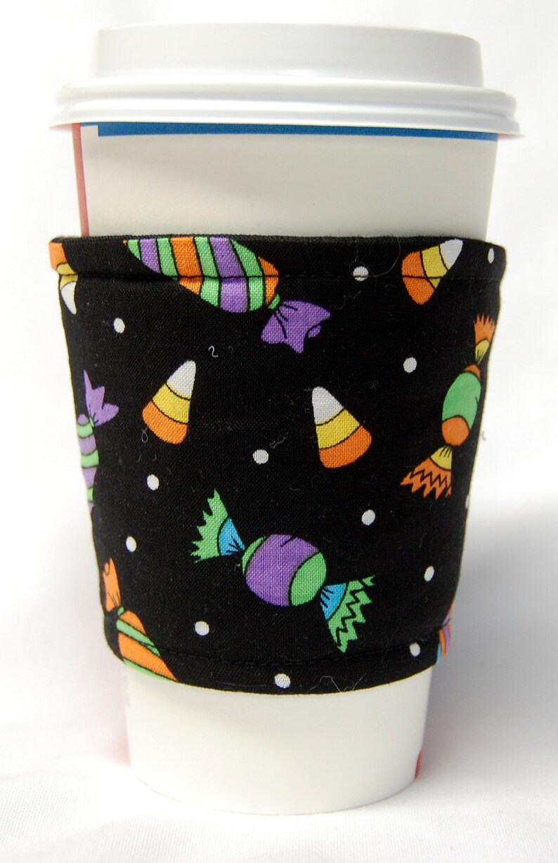 Coffee Cozy, Cup Sleeve, Eco Friendly, Slip-on, Teacher Appreciation, Co-Worker Gift, Bulk Discount, Party Favor: Colorful Halloween Candies image 1