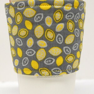 Coffee Cozy/Cup Sleeve Eco Friendly Slip-on, Teacher Gift, Co-Worker Gift, Buy any 4 get 1 free: Tiny Yellow and White Leaves on Gray image 1