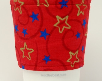 Buy 4 get 1 free Coffee Cozy/Cup Sleeve Eco Friendly Slip-on, Teacher Appreciation, Co-Worker Gift: Blue and Gold Stars on Red