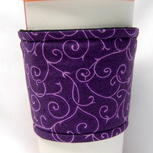 Coffee Cozy/Cup Sleeve Eco Friendly Slip-on, Teacher Appreciation, Co-Worker Gift, Buy any 4 get 1 free: Purple Vines image 3